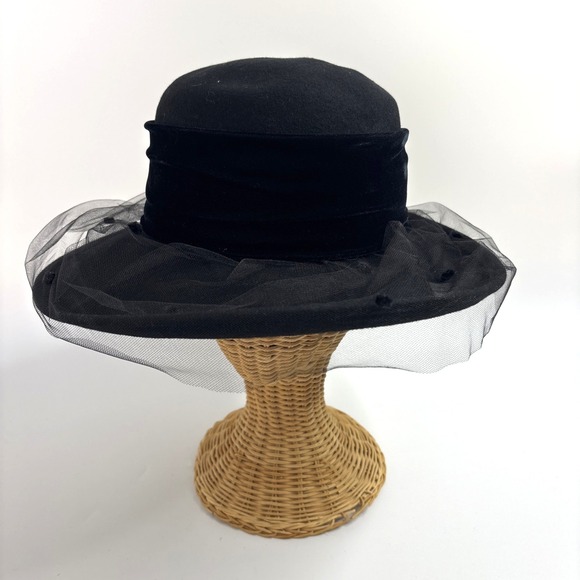 VTG Betmar Plaza Suite Black Wool Wide Brim Picture Hat Velvet Band Bow Netting main image 10